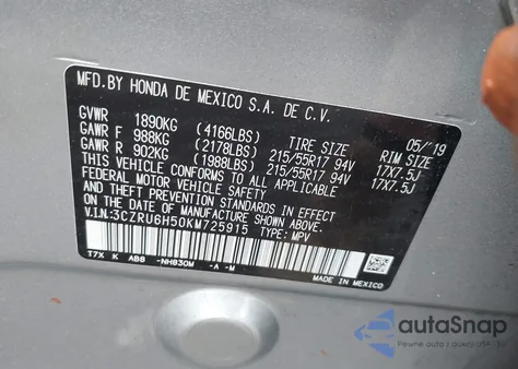 2019 Honda Hr-V Ex z USA, uszkodzony, nr VIN 3CZRU6H50KM725915